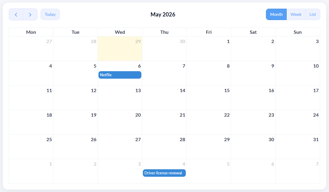 TrackMinder calendar showing renewal reminders by date