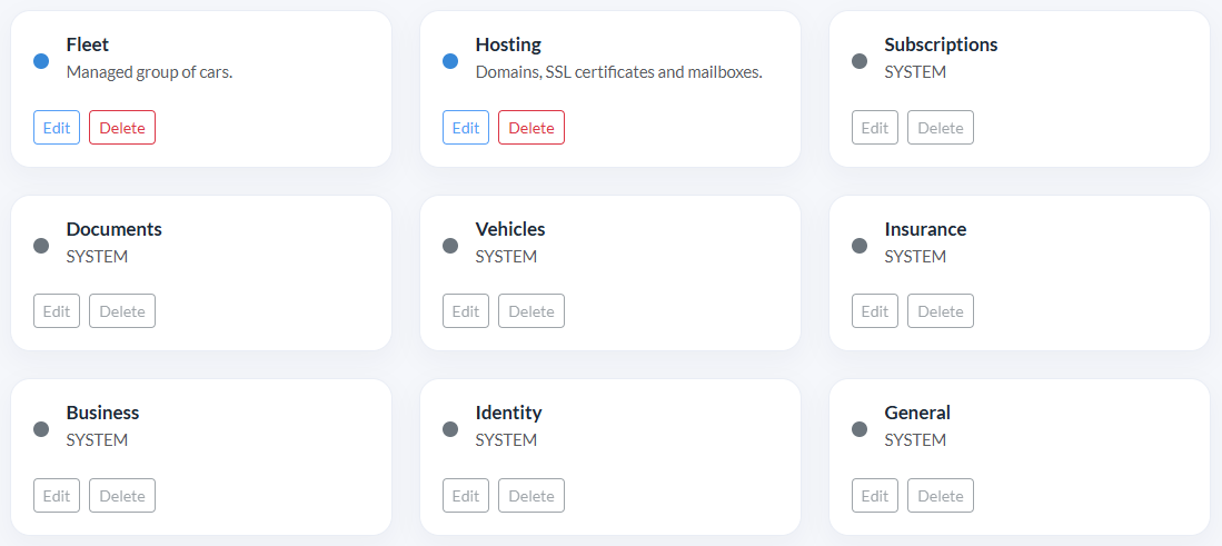 TrackMinder categories page showing organized renewal categories